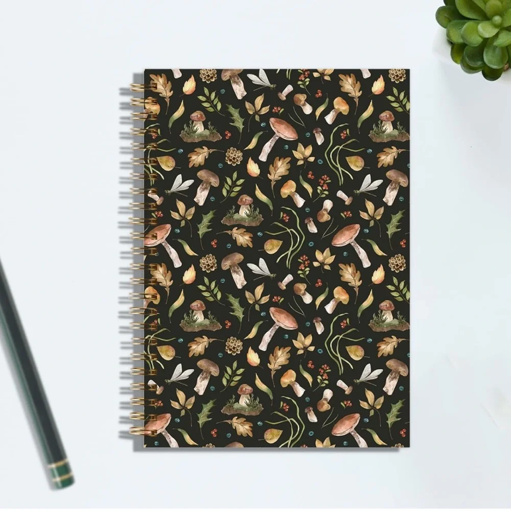 Mushroom Pattern Hardcover Spiral Notebook, New 🍄‍🟫 📓
